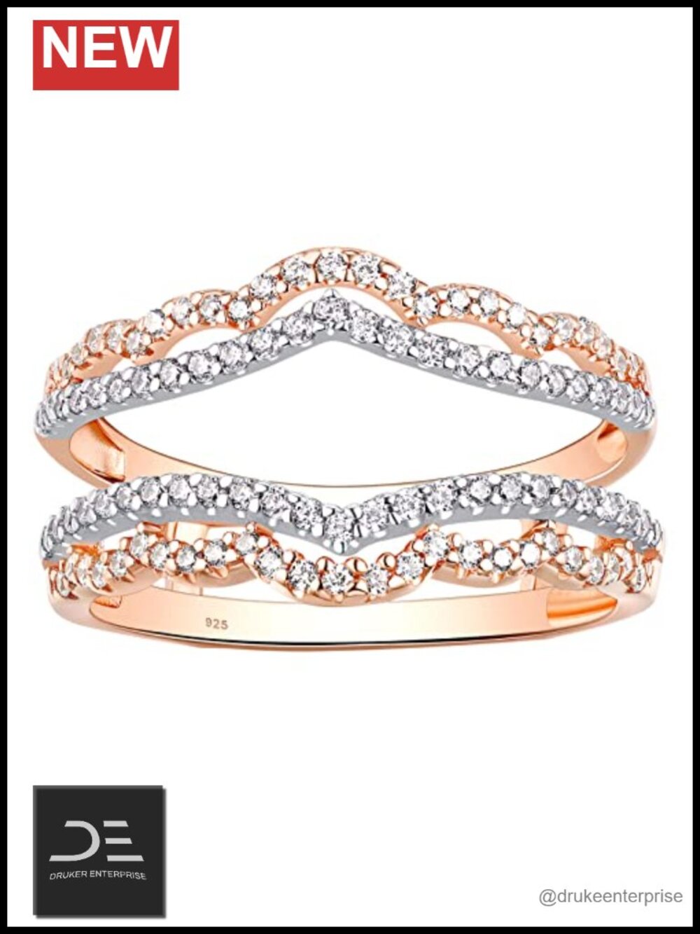 Sterling Silver Cubic Zirconia Double Row Curved Ring Enhancer Wrap Wedding Band